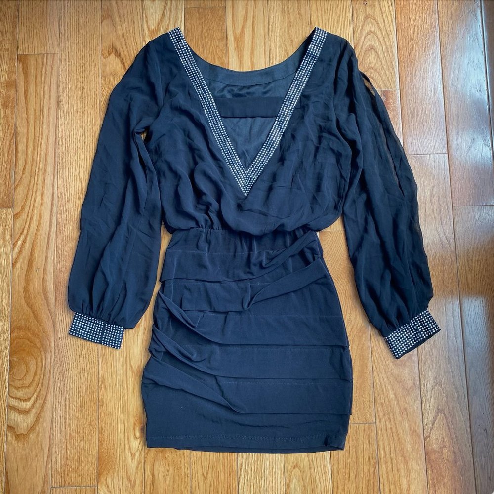 Black V-Neck Mini Dress with Rhinestone Detailing